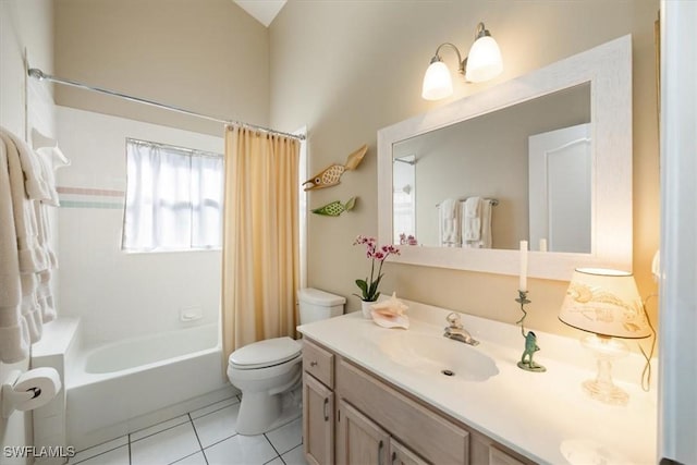 bathroom featuring vanity, tile patterned flooring, shower / bath combination with curtain, and toilet