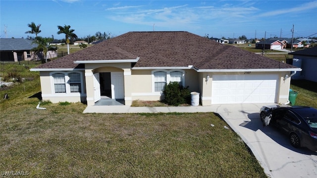 ranch-style house featuring a garage and a front lawn