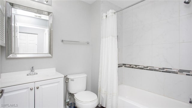 full bathroom with vanity, shower / bathtub combination with curtain, and toilet