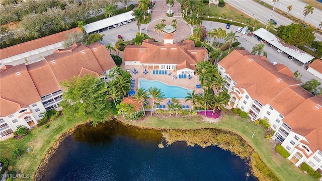 drone / aerial view featuring a water view