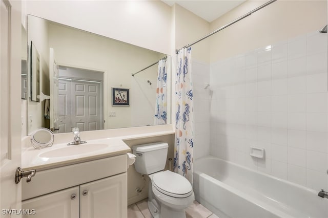 bathroom featuring shower / tub combo with curtain, vanity, toilet, and tile patterned flooring