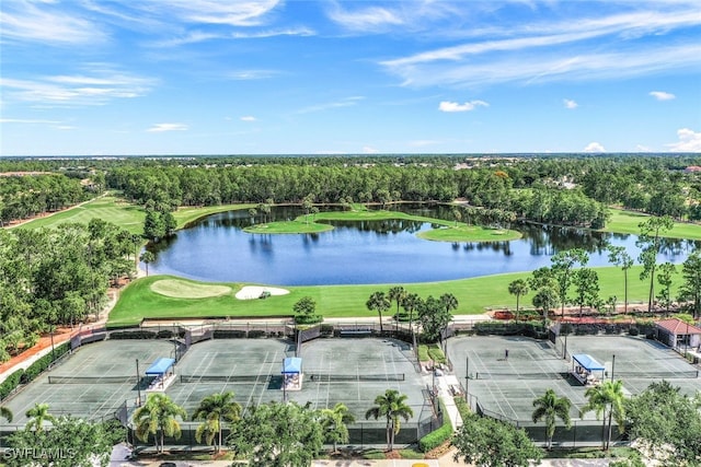birds eye view of property featuring a water view and golf course view