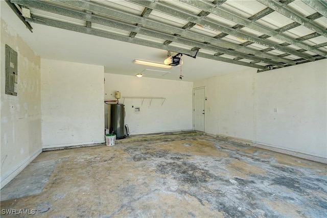 garage featuring a garage door opener, electric panel, and water heater