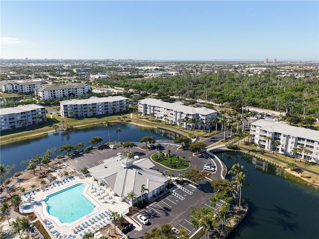 bird's eye view with a water view