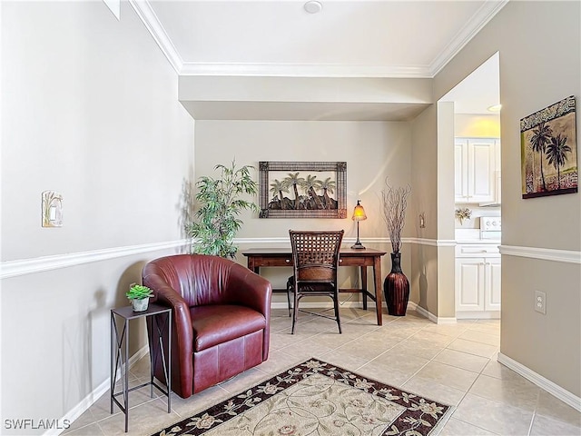 living area with crown molding and light tile patterned flooring