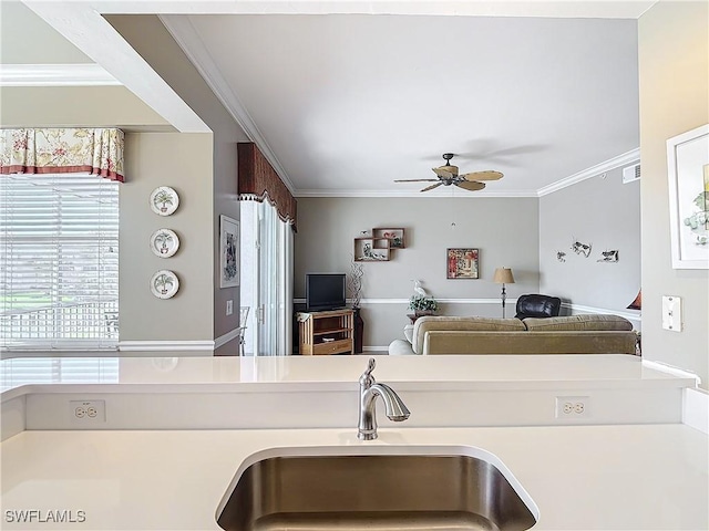 kitchen featuring crown molding, ceiling fan, and sink