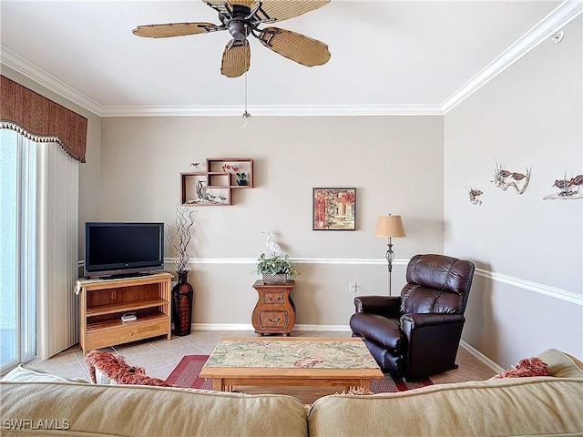 living room featuring crown molding, ceiling fan, and light tile patterned flooring