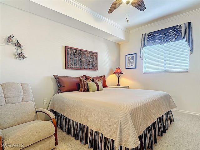 bedroom featuring ornamental molding and ceiling fan