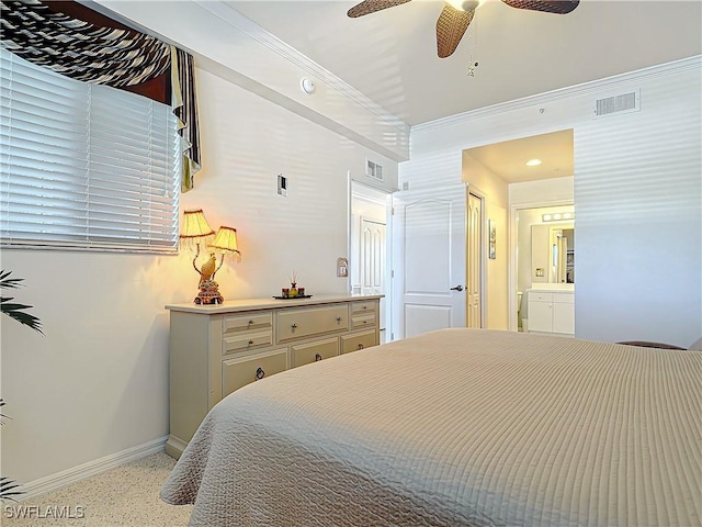 bedroom with connected bathroom, ornamental molding, and ceiling fan