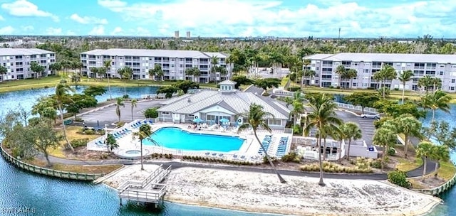 bird's eye view with a water view