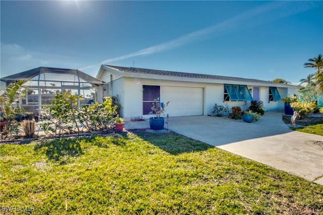 ranch-style home featuring a garage, a front yard, and glass enclosure