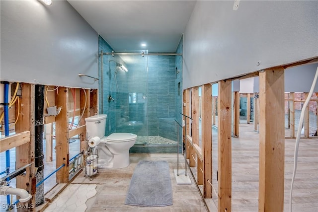 bathroom with a shower stall and toilet