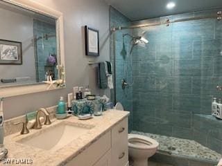 bathroom with toilet, a shower stall, and vanity