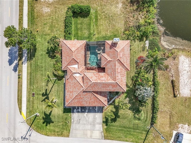 aerial view featuring a water view