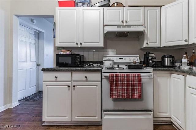 kitchen with white cabinetry, dark wood-type flooring, tasteful backsplash, and white range with electric stovetop