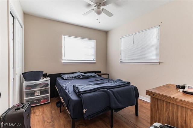 bedroom with multiple windows, wood-type flooring, a closet, and ceiling fan