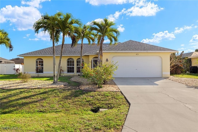 ranch-style house with a garage and a front yard