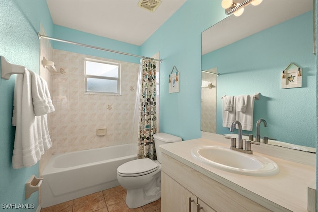 full bathroom with shower / bath combination with curtain, vanity, toilet, and tile patterned flooring