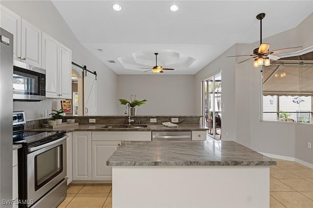 kitchen with sink, white cabinetry, appliances with stainless steel finishes, a tray ceiling, and a barn door