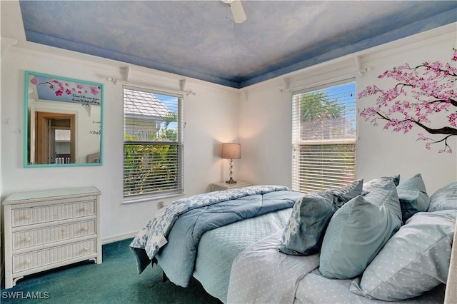 bedroom with carpet floors and ceiling fan