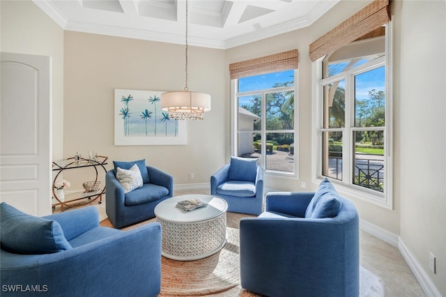 living room featuring an inviting chandelier, ornamental molding, coffered ceiling, and beam ceiling