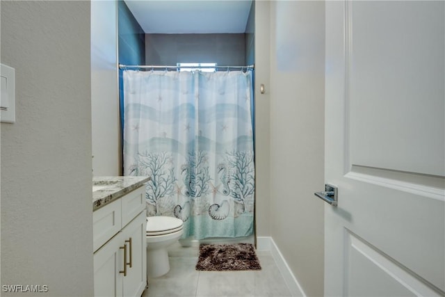 bathroom with vanity, toilet, tile patterned flooring, and a shower with shower curtain