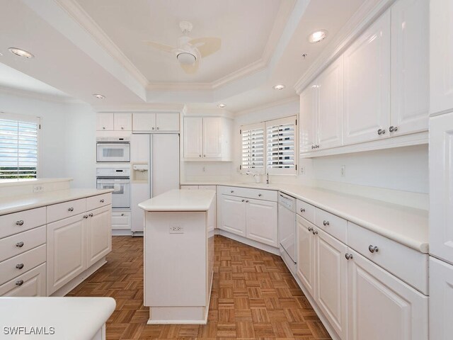 kitchen with white cabinetry, plenty of natural light, and a tray ceiling