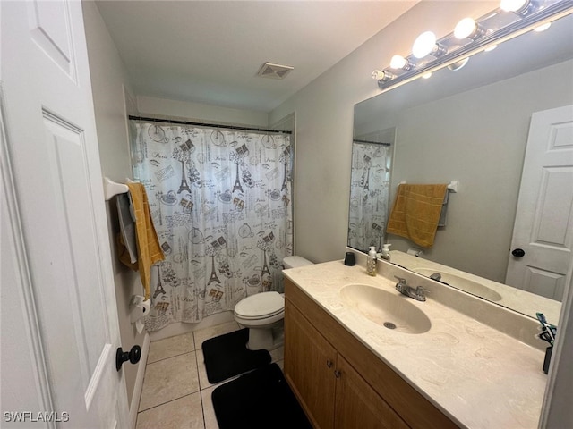 full bath featuring visible vents, toilet, curtained shower, tile patterned flooring, and vanity