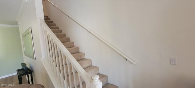 staircase featuring crown molding and wood-type flooring