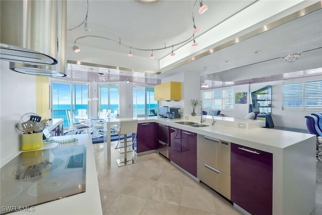 kitchen featuring cooktop, plenty of natural light, sink, and kitchen peninsula