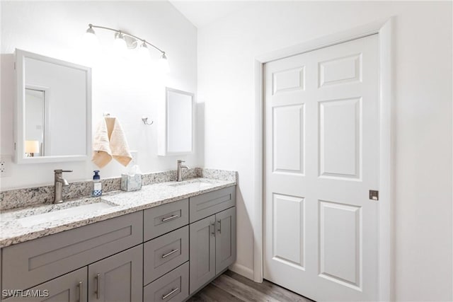 full bathroom with double vanity, wood finished floors, and a sink