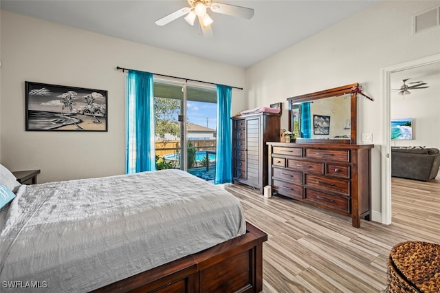 bedroom featuring ceiling fan, access to exterior, and light wood-type flooring