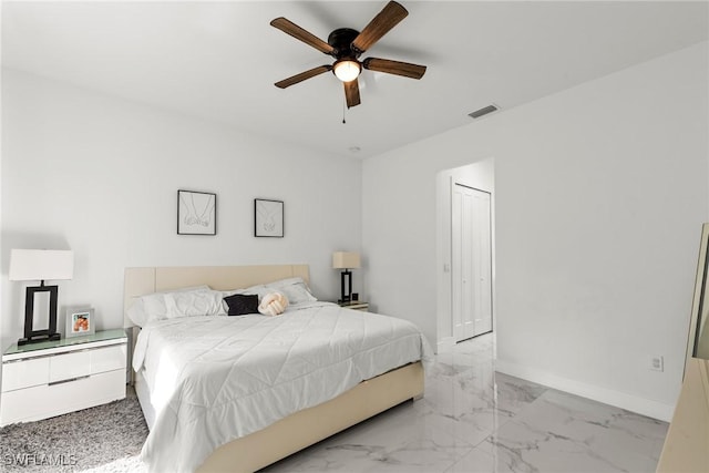 bedroom featuring ceiling fan and a closet