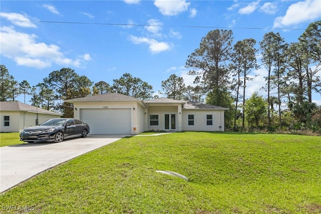 ranch-style house with a garage and a front lawn