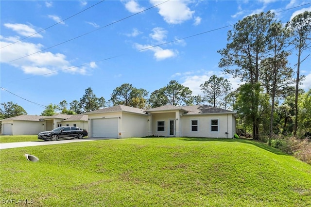 ranch-style house with a garage and a front lawn