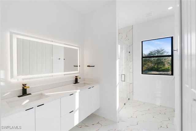 bathroom featuring vanity and a shower with shower door