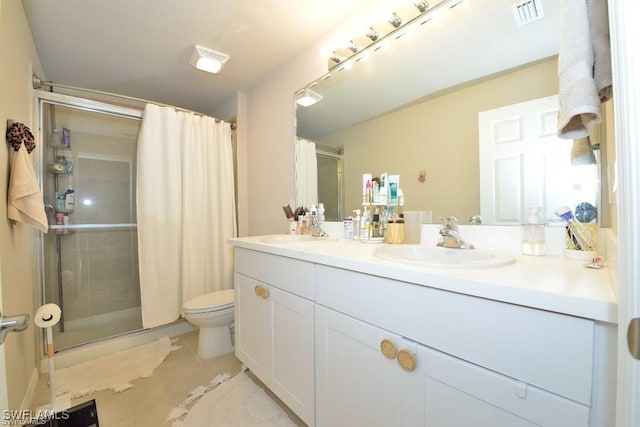 bathroom featuring tile patterned flooring, vanity, toilet, and a shower with curtain