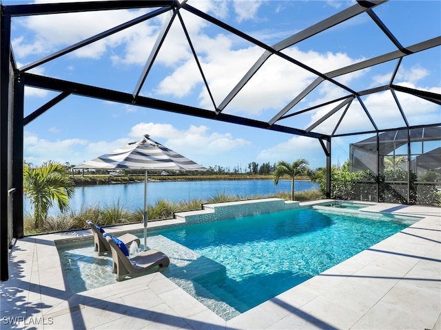 view of pool featuring pool water feature, a water view, a hot tub, a lanai, and a patio