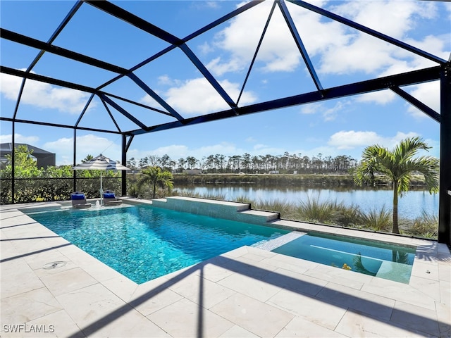 view of swimming pool with a water view, a lanai, pool water feature, and a patio area