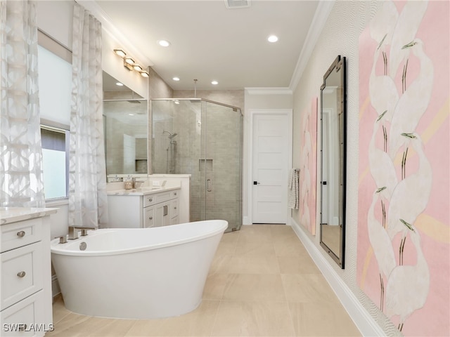 bathroom with crown molding, tile patterned floors, vanity, and separate shower and tub