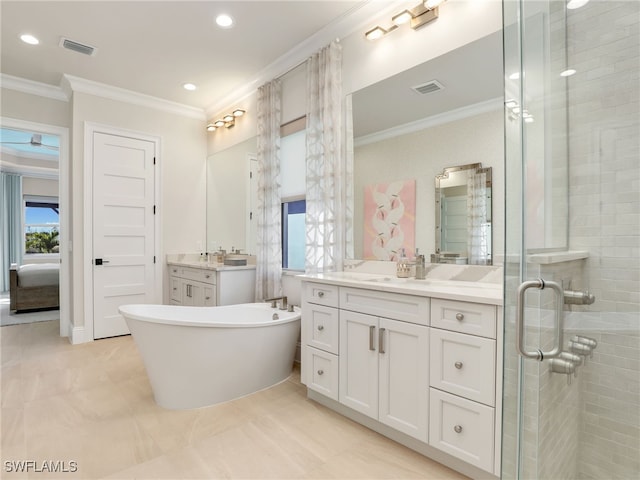 bathroom featuring crown molding, vanity, separate shower and tub, and a wealth of natural light