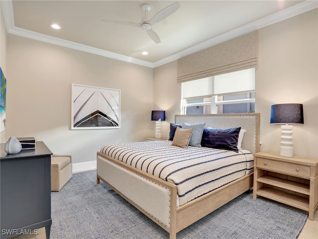 bedroom featuring ornamental molding and ceiling fan