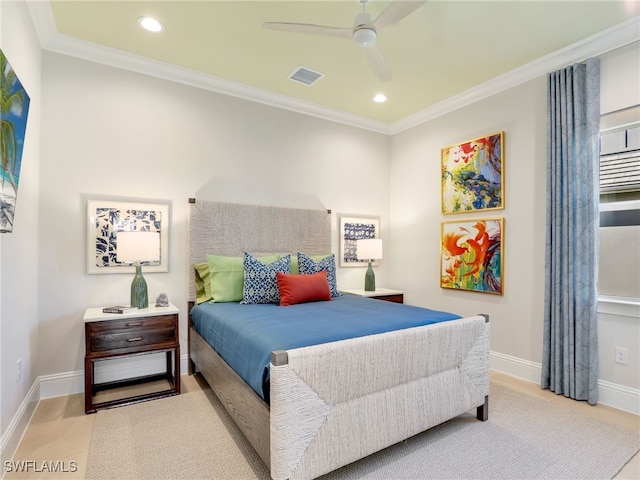 bedroom featuring crown molding and ceiling fan