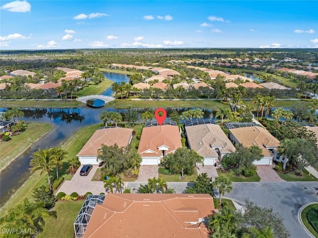 aerial view featuring a water view