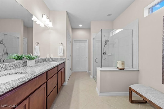 bathroom with vanity, tile patterned flooring, and walk in shower