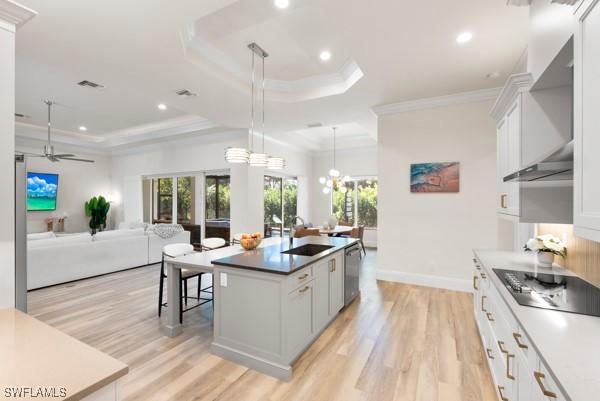 kitchen featuring white cabinetry, sink, pendant lighting, and a tray ceiling