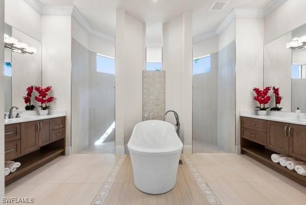 bathroom with crown molding, shower with separate bathtub, and vanity