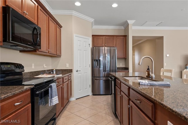 kitchen featuring light tile patterned flooring, sink, dark stone counters, ornamental molding, and black appliances