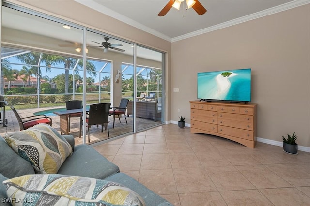 tiled living room featuring crown molding and ceiling fan