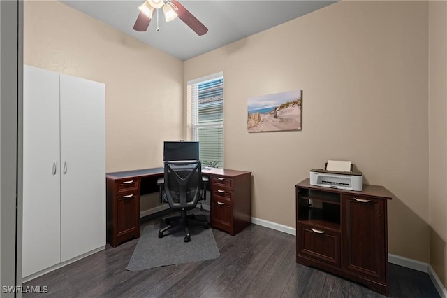 office space featuring dark hardwood / wood-style floors and ceiling fan